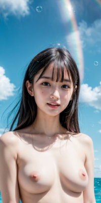 青空と海、サンシャイン下の露出する美少女ヌード集!幻想的な虹と泡が彩る誘惑的な甘い裸体:エロ画像74枚