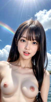 青空と海、サンシャイン下の露出する美少女ヌード集!幻想的な虹と泡が彩る誘惑的な甘い裸体:エロ画像74枚