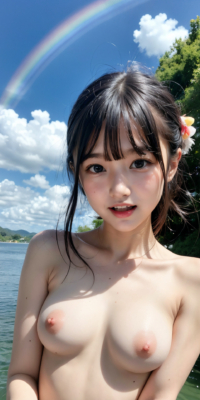 青空と海、サンシャイン下の露出する美少女ヌード集!幻想的な虹と泡が彩る誘惑的な甘い裸体:エロ画像74枚