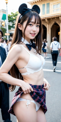 制服ディズ〇ーで大胆に脱ぎだすJK AIエロ画像105枚!夢と露出の世界