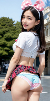 制服ディズ〇ーで大胆に脱ぎだすJK AIエロ画像105枚!夢と露出の世界