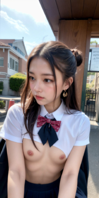 貧乳美少女JKの可愛いちっぱい露出!校舎前で大胆乳首披露:エロ画像90枚
