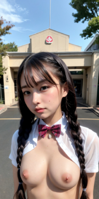 貧乳美少女JKの可愛いちっぱい露出!校舎前で大胆乳首披露:エロ画像90枚