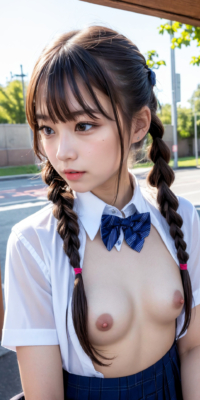 貧乳美少女JKの可愛いちっぱい露出!校舎前で大胆乳首披露:エロ画像90枚