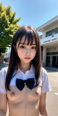 貧乳美少女JKの可愛いちっぱい露出!校舎前で大胆乳首披露:エロ画像90枚