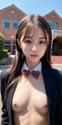 貧乳美少女JKの可愛いちっぱい露出!校舎前で大胆乳首披露:エロ画像90枚