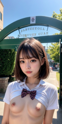 貧乳美少女JKの可愛いちっぱい露出!校舎前で大胆乳首披露:エロ画像90枚