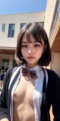 貧乳美少女JKの可愛いちっぱい露出!校舎前で大胆乳首披露:エロ画像90枚