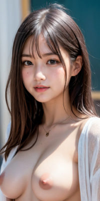 遊園地で野外露出エロ画像76枚!AI美少女がシャツを開いておっぱい披露