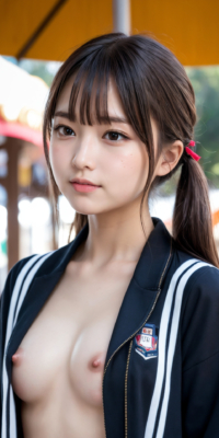 遊園地で野外露出エロ画像76枚!AI美少女がシャツを開いておっぱい披露