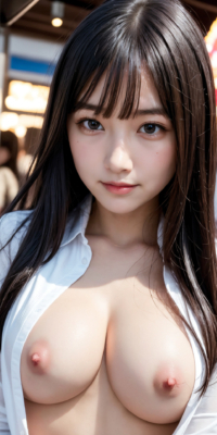 遊園地で野外露出エロ画像76枚!AI美少女がシャツを開いておっぱい披露