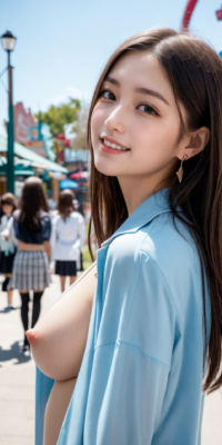 遊園地で野外露出エロ画像76枚!AI美少女がシャツを開いておっぱい披露