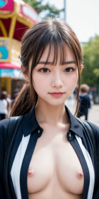 遊園地で野外露出エロ画像76枚!AI美少女がシャツを開いておっぱい披露