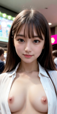 遊園地で野外露出エロ画像76枚!AI美少女がシャツを開いておっぱい披露