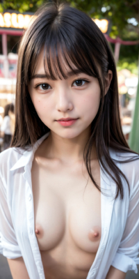 遊園地で野外露出エロ画像76枚!AI美少女がシャツを開いておっぱい披露