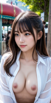 遊園地で野外露出エロ画像76枚!AI美少女がシャツを開いておっぱい披露