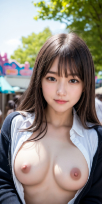 遊園地で野外露出エロ画像76枚!AI美少女がシャツを開いておっぱい披露