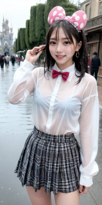透け透け制服JKのAIエロ画像75枚!雨降る制服ディズニーと可憐なおっぱい