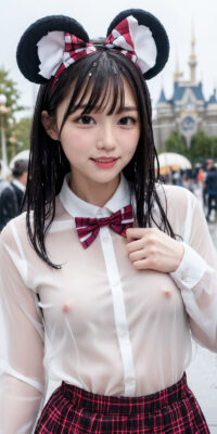 透け透け制服JKのAIエロ画像75枚!雨降る制服ディズニーと可憐なおっぱい