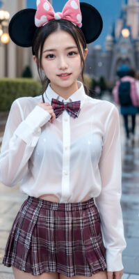 透け透け制服JKのAIエロ画像75枚!雨降る制服ディズニーと可憐なおっぱい