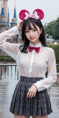 透け透け制服JKのAIエロ画像75枚!雨降る制服ディズニーと可憐なおっぱい