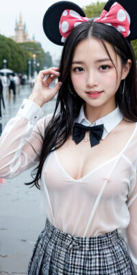 透け透け制服JKのAIエロ画像75枚!雨降る制服ディズニーと可憐なおっぱい